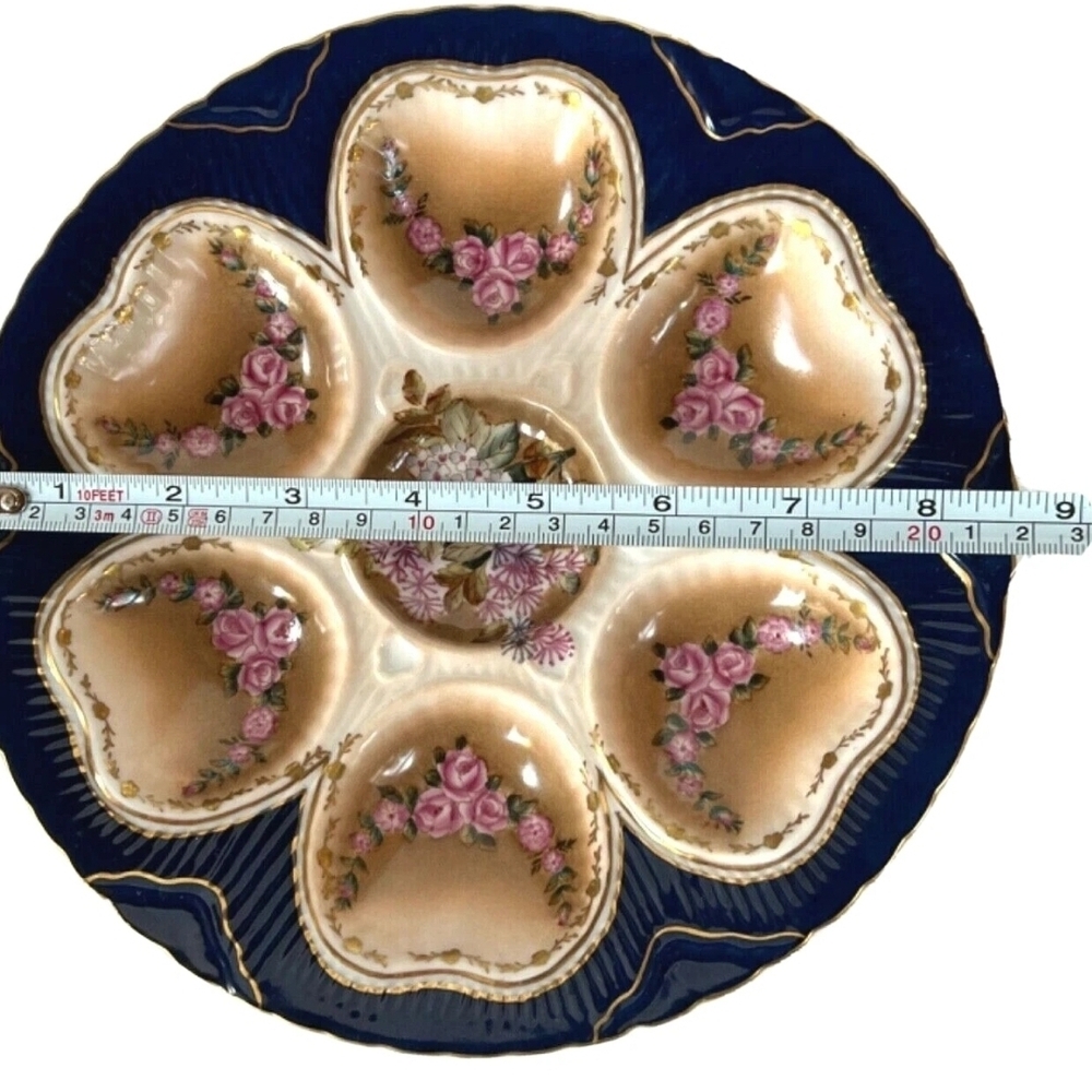 Limoges Blue and Cream Heart Ceramic Oyster Plate with Gold Trim - Picture 5 of 7